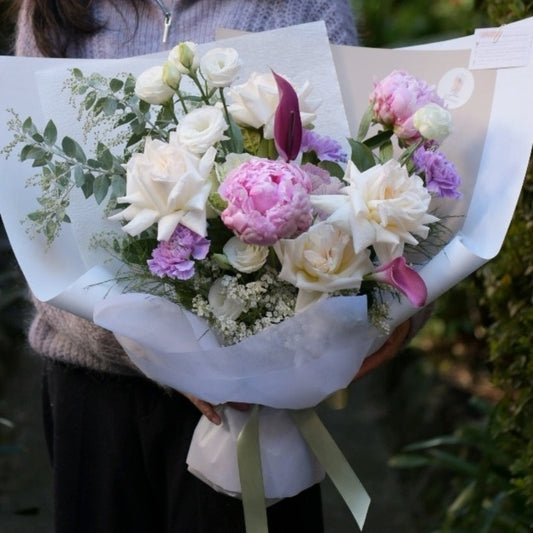 seasonal fresh flowers, peony, rose, wattle foliage, calla lily, carnation, baby breath, lisianthus