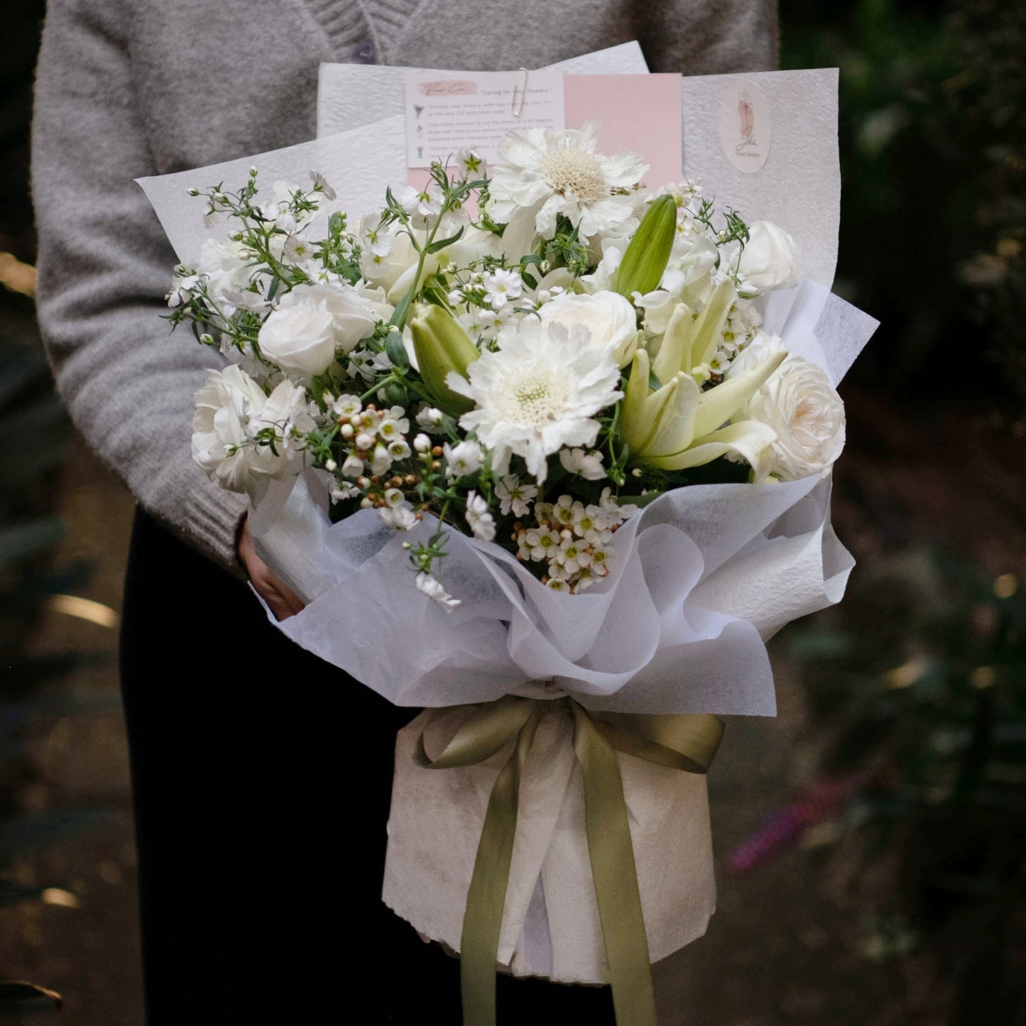 White flower bouquet with Oriental Lily, Wax flowers, Rose, Scabiosa (Pincushions)