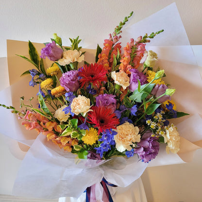 bright and bold flowers bouquet, lisianthus, dellphinium, snapdragon,carnation