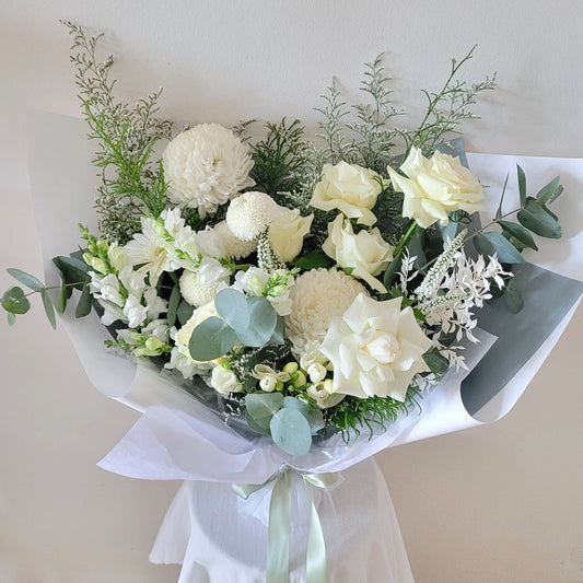 Classic white wrapped with roses, chrysanthemum, stock, pompon chrysanthemum