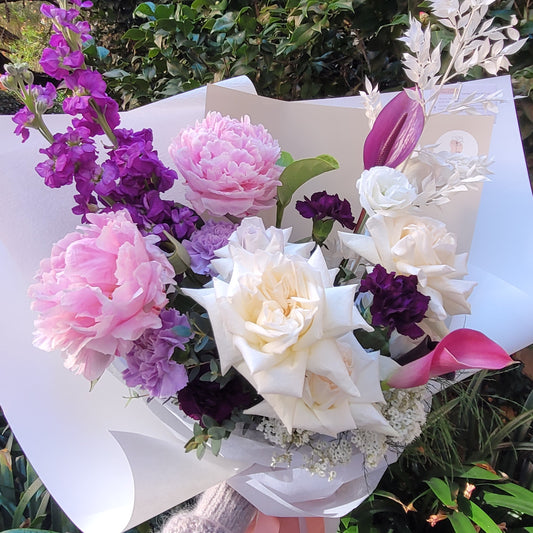 purple blooms, stock, carnations, calla lily,