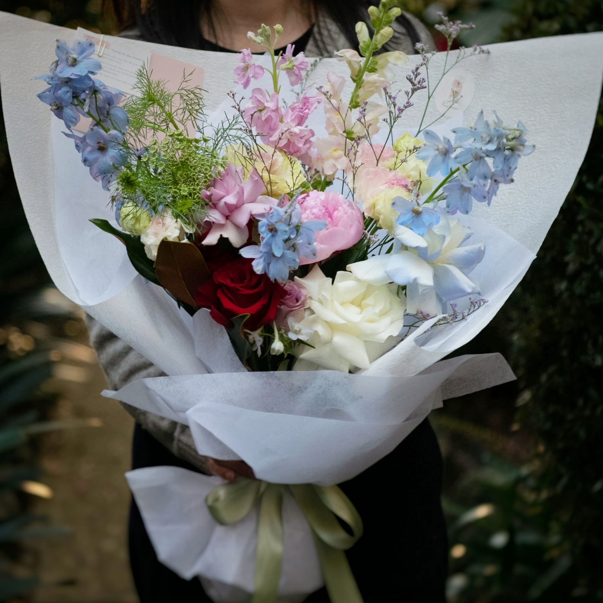 soft and pastel flowers bouquet, peach, mauve, pink, baby blue