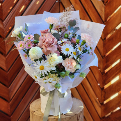 soft and pastel flowers bouquet, peach, white, pink, creamy yellow