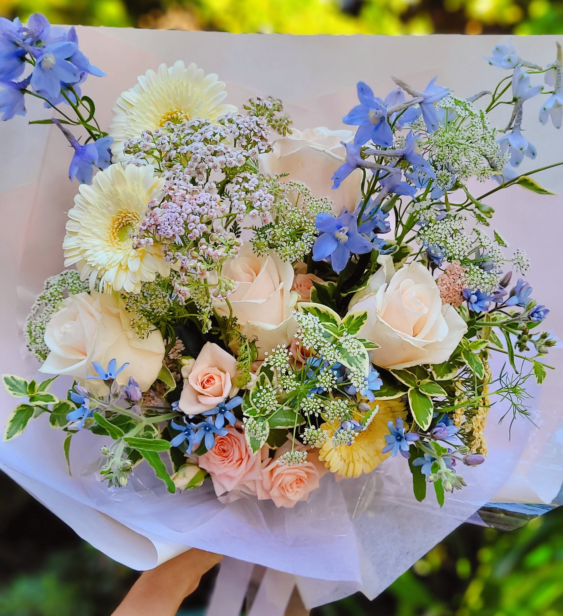 Soft and pastel flowers bouquet, peach, pink, baby blue