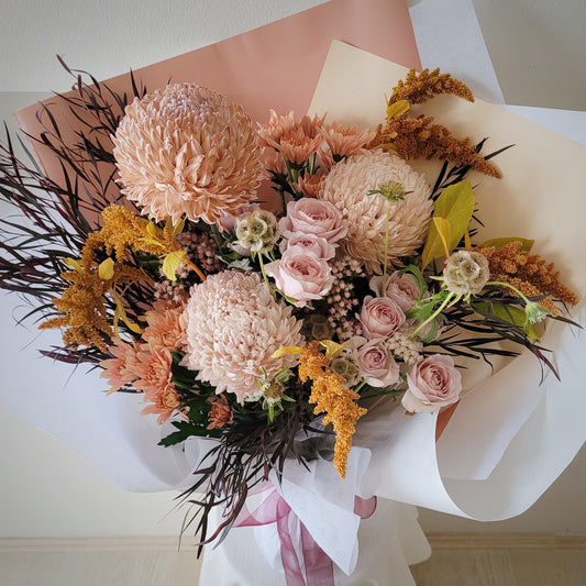 Autumn color flowers ,chrysanthemum, spray rose, Amaranthus